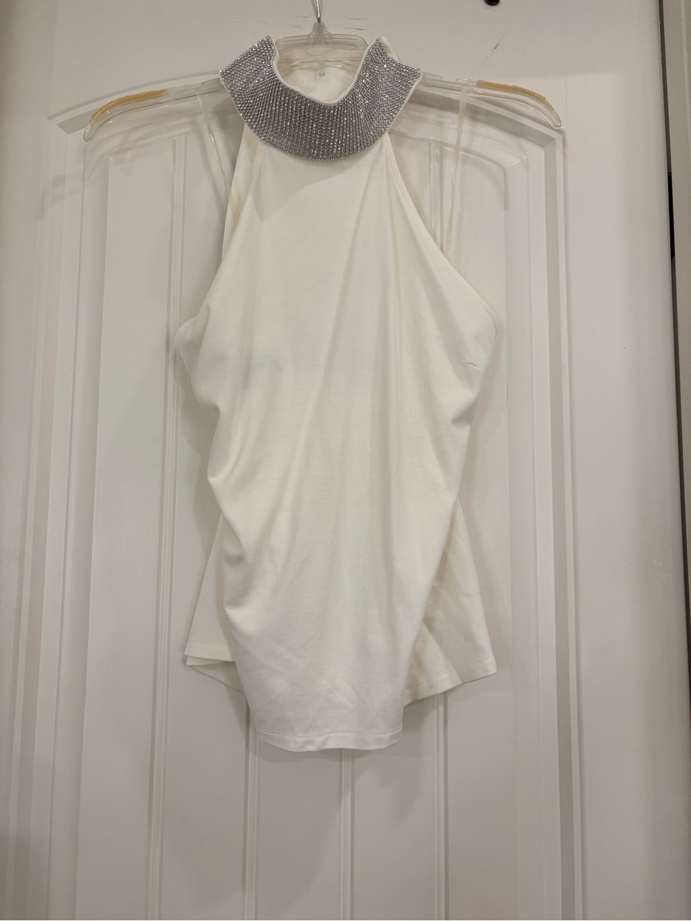 INC International Concepts White Halter Top with Silver Embellished Collar